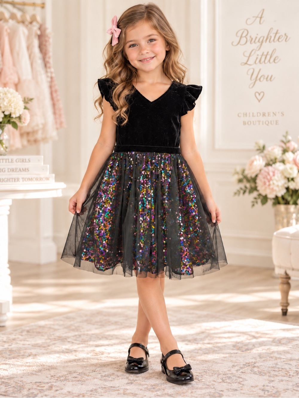 Colorful Planet Girls 6/6X Black Velvet Sequin Dress NWT